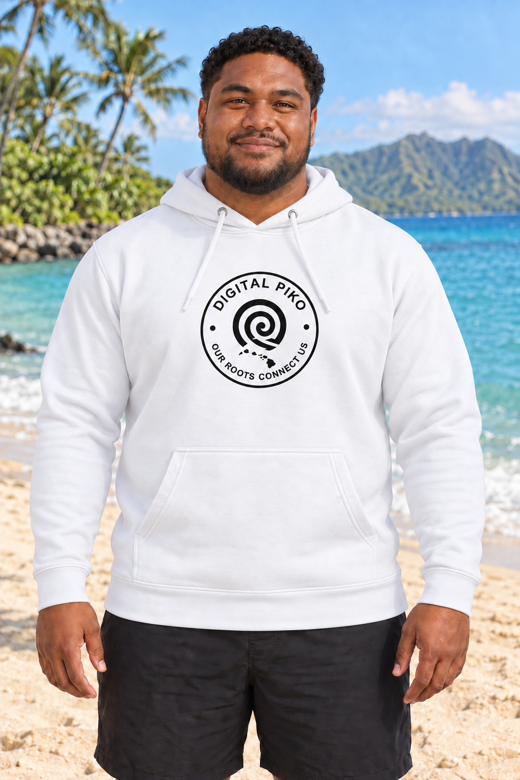 Digital Piko M2 model wearing the white Ohana Hoodie with black chest badge and blank sleeves