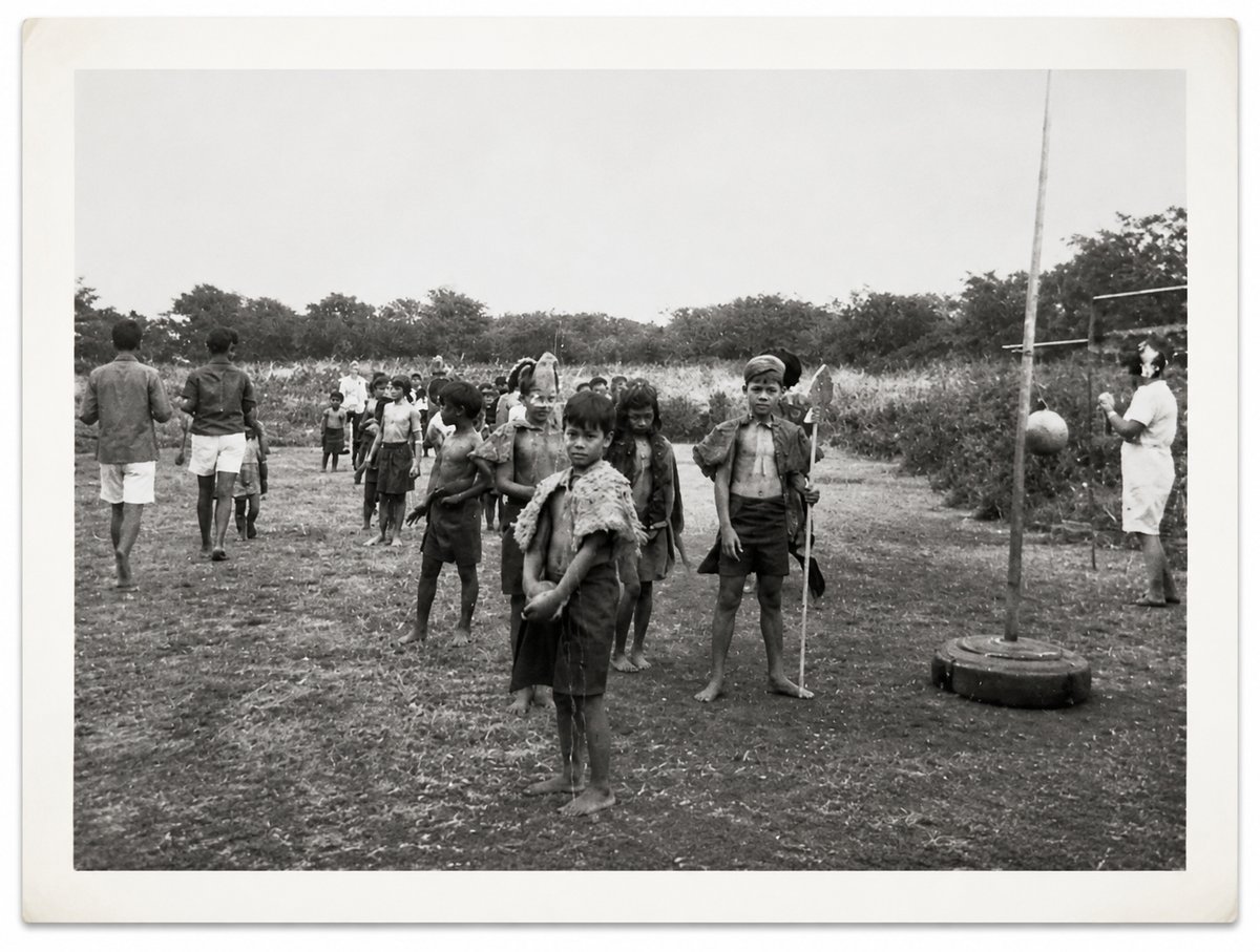 Black-and-white photo of children at a May Day program at a Catholic school in Ewa Beach, Oahu, with Kahili's older brother leading in the foreground