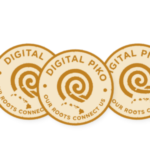 Three Digital Piko badge stickers fanned out — Hawaiian apparel brand vinyl stickers