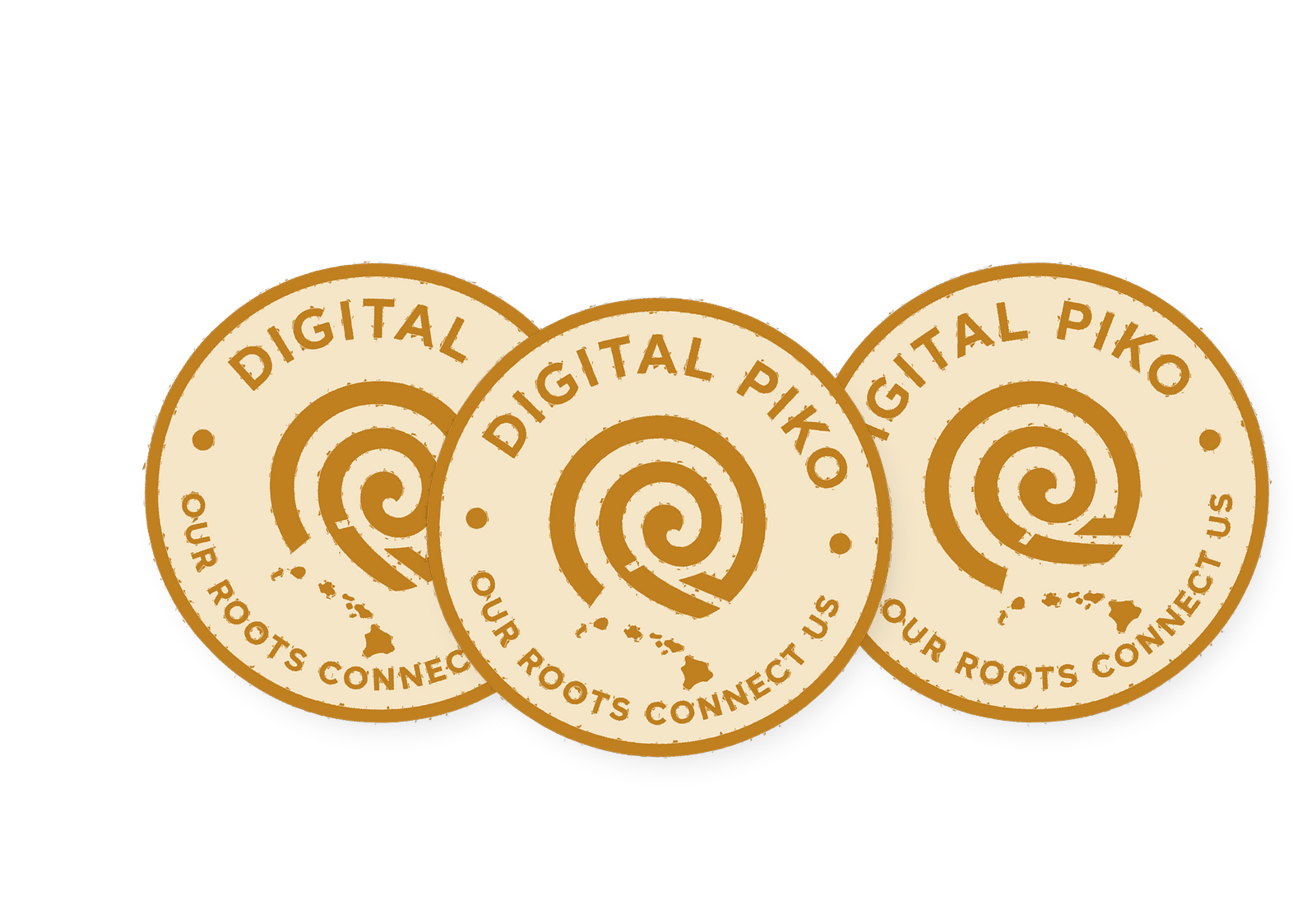 Three Digital Piko badge stickers fanned out — Hawaiian apparel brand vinyl stickers