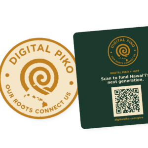 Digital Piko badge sticker and DP × HLYF QR mission sticker side by side