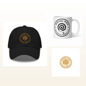 The Daily Carry bundle: black Piko hat, one upright white mug with the Digital Piko logo facing forward, and gold Piko sticker.