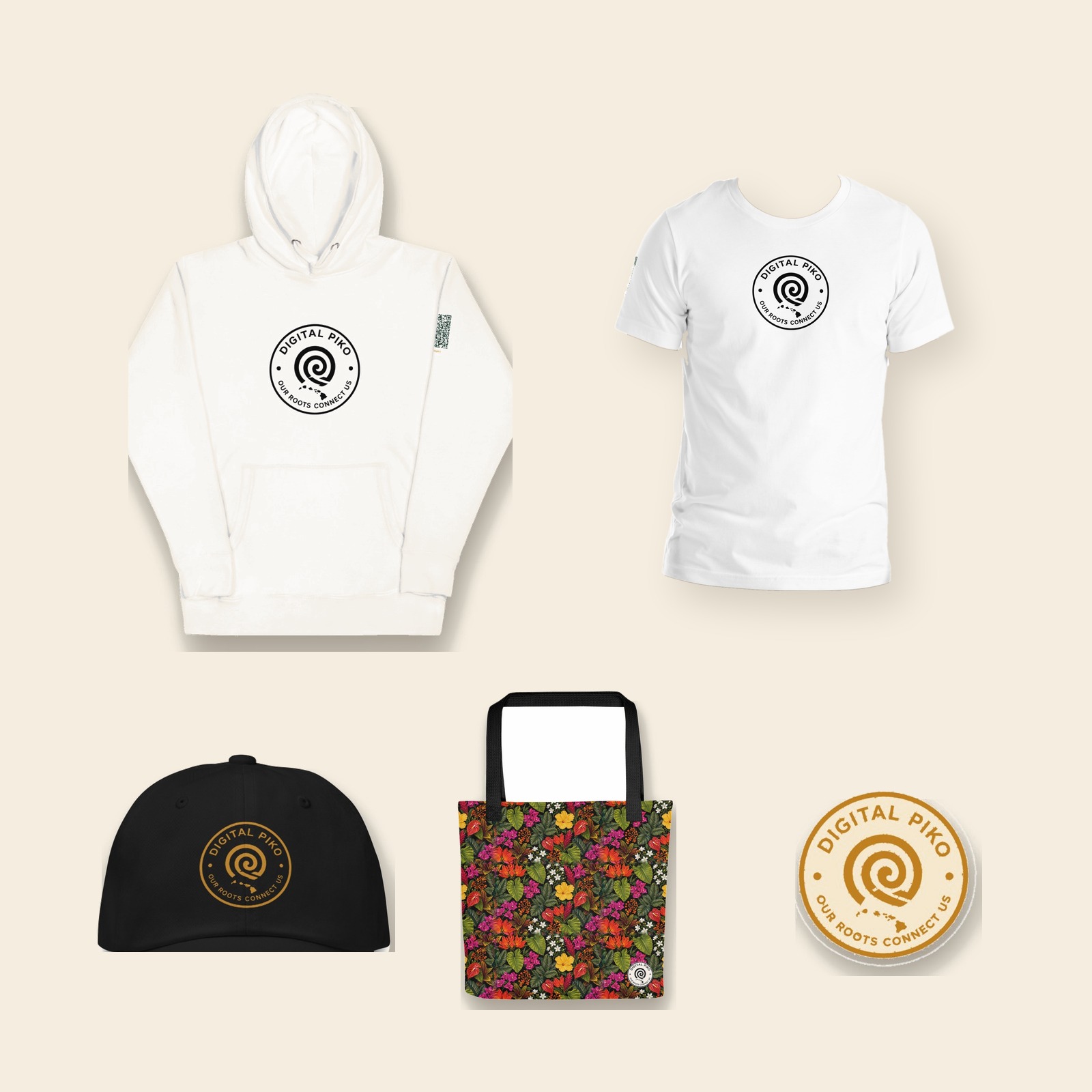 The Full Supporter bundle — ʻOhana Hoodie, Roots Tee, Black & Gold Piko Dad Hat, Local Floral Tote, and Piko Badge Stickers