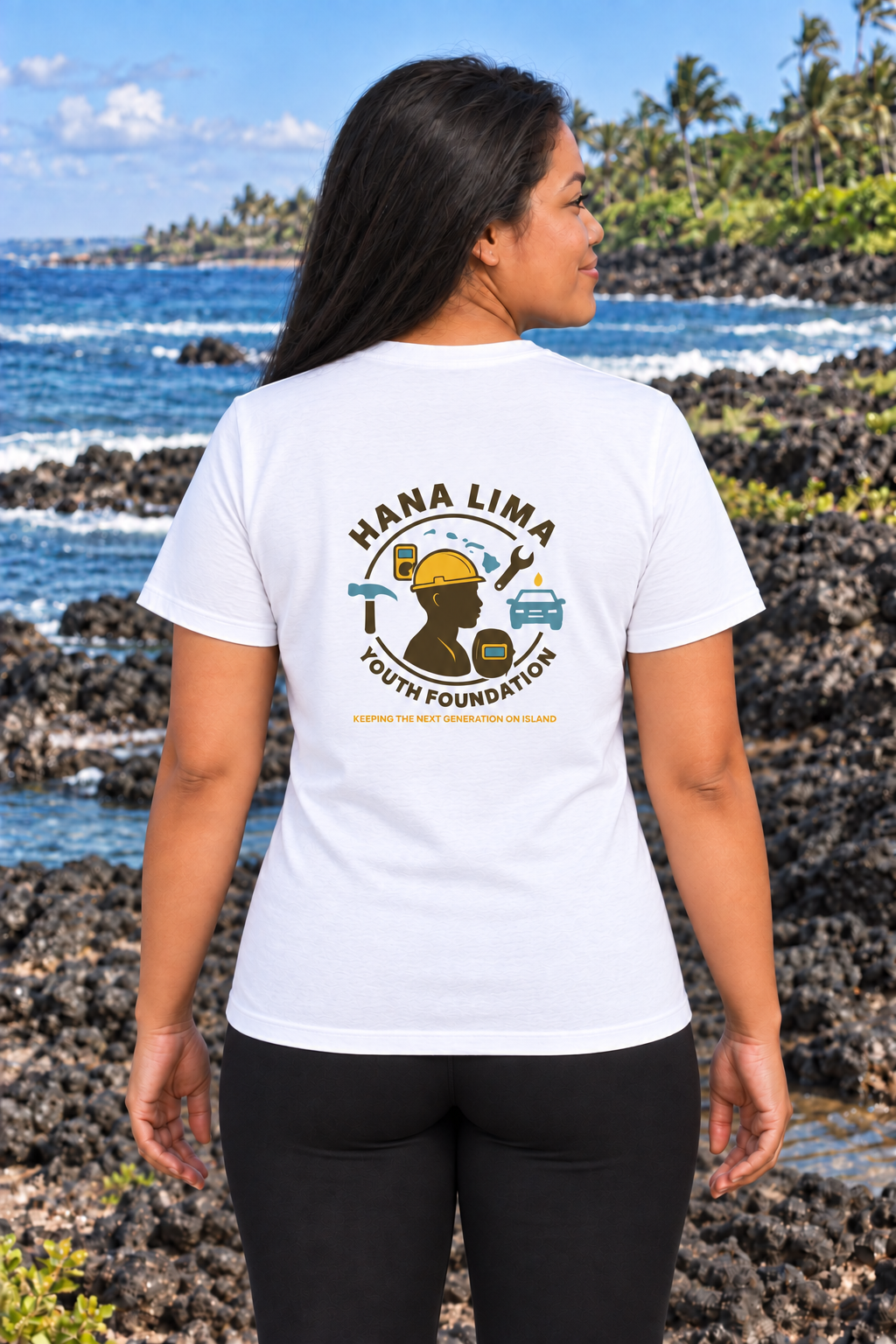 F2 wearing the white Roots Tee from the back, with Hana Lima Youth Foundation artwork below the collar and plain sleeves