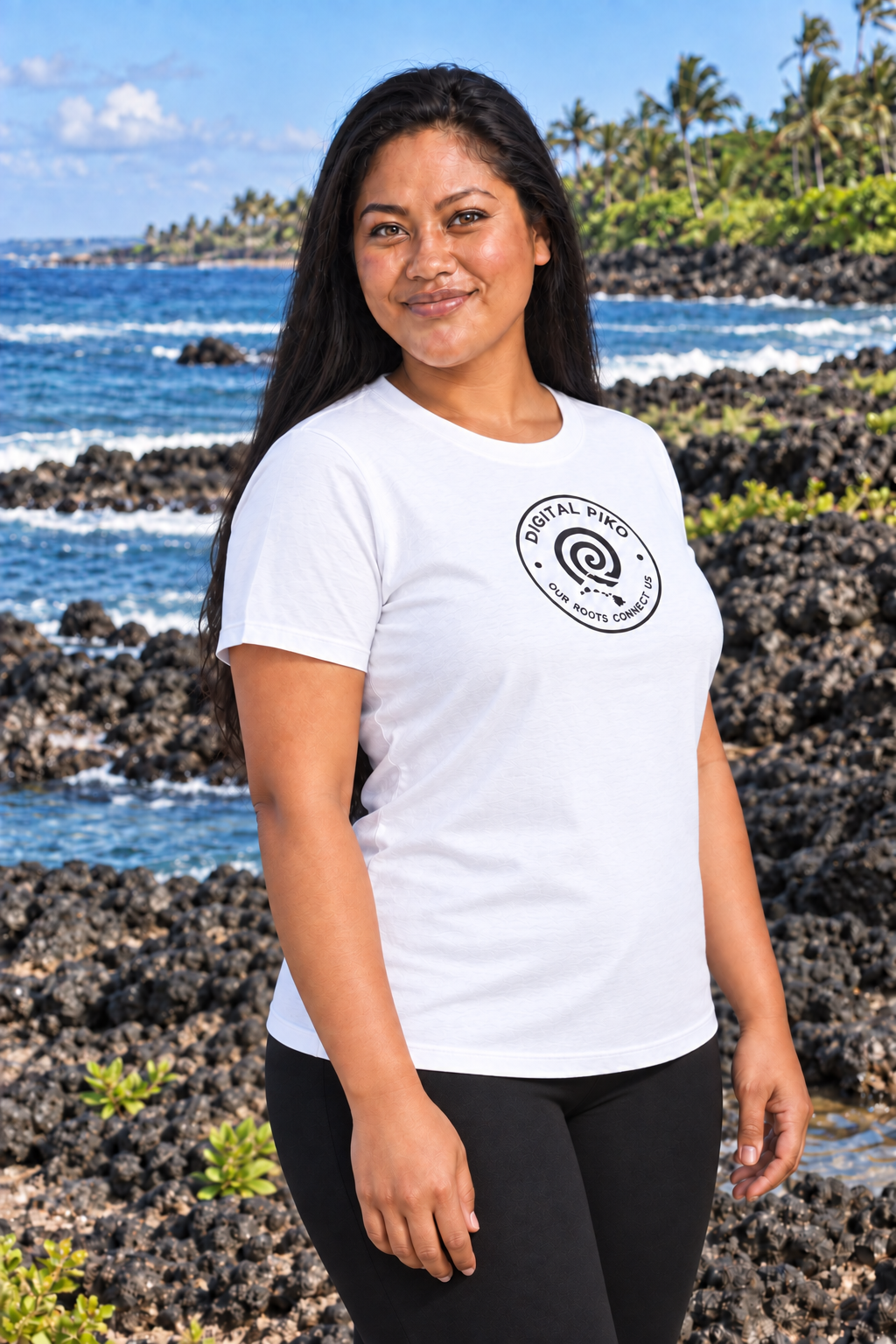 F2 wearing the white Roots Tee in three-quarter view, matching the approved front proportions, with plain sleeves