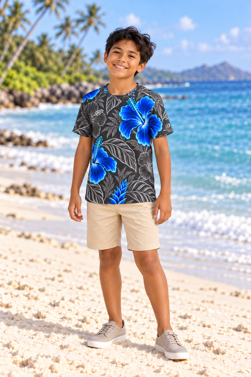 Digital Piko family boy model wearing the Graphite Bright Blue kids crewneck T-shirt with cream shorts on a white sand beach