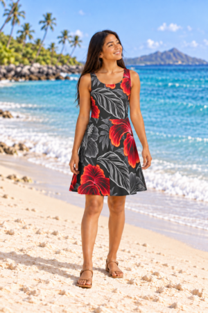 Digital Piko family daughter model wearing the Graphite Coral Ohana Skater Dress on a white sand beach, full length