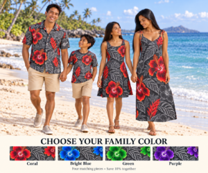Graphite Ohana four-piece family set with matching Coral outfits and color choices Coral, Bright Blue, Green and Purple; save 10 percent together