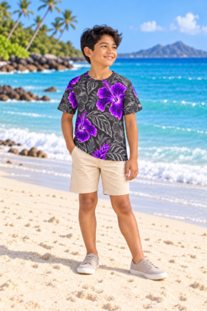 AI-generated Digital Piko family boy model wearing the Graphite Bright Purple kids crewneck T-shirt with cream shorts on a clear tropical beach