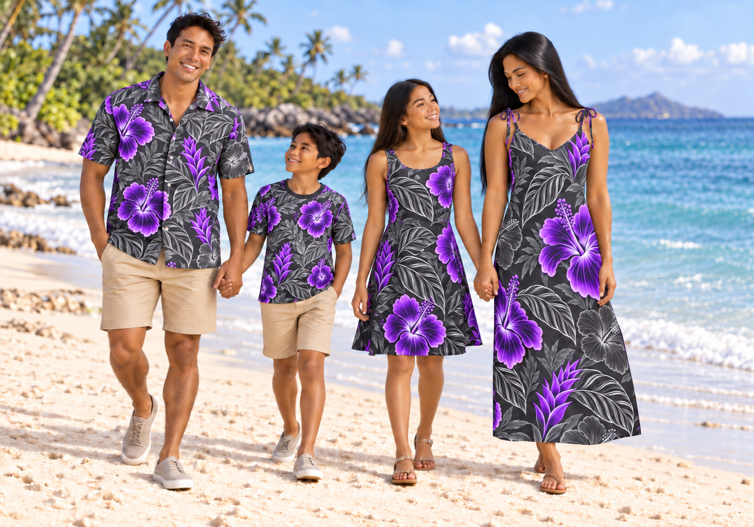 Digital Piko family of four in matching Graphite Purple Aloha shirt, kids crewneck, skater dress and slip dress on a white sand beach