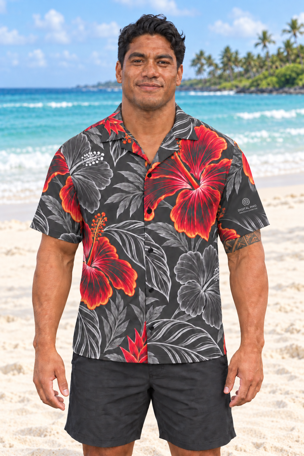 Digital Piko M1 model wearing the Graphite Coral Aloha Shirt on a white-sand beach