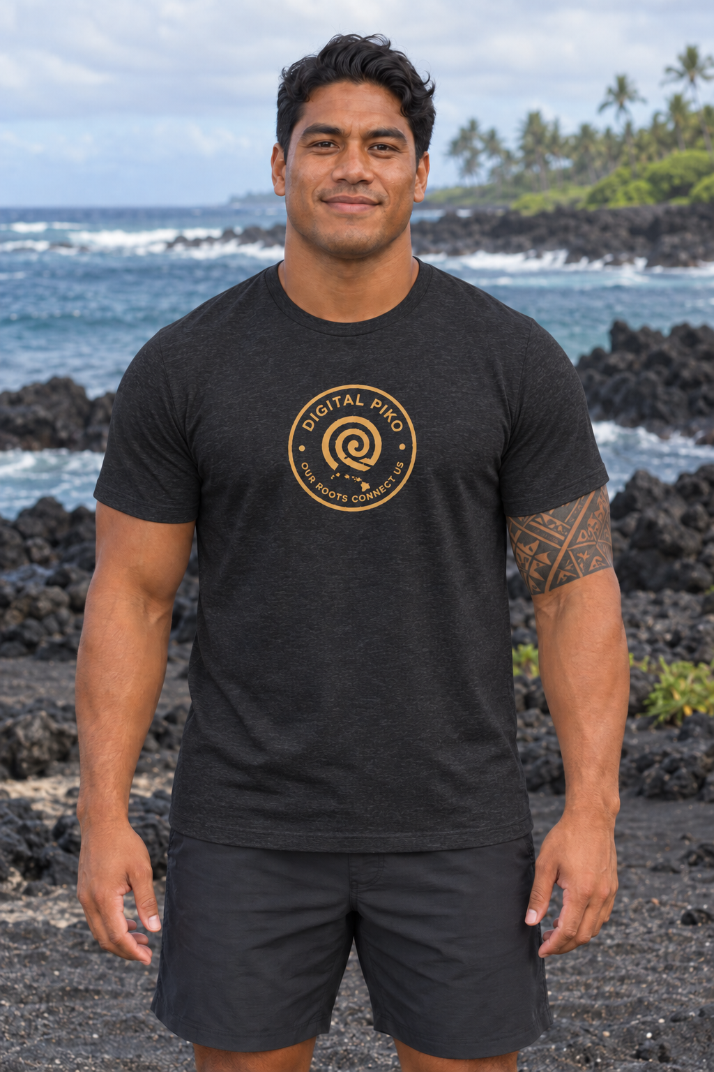 Digital Piko M1 model wearing the dark Roots Tee with gold chest logo and plain sleeves