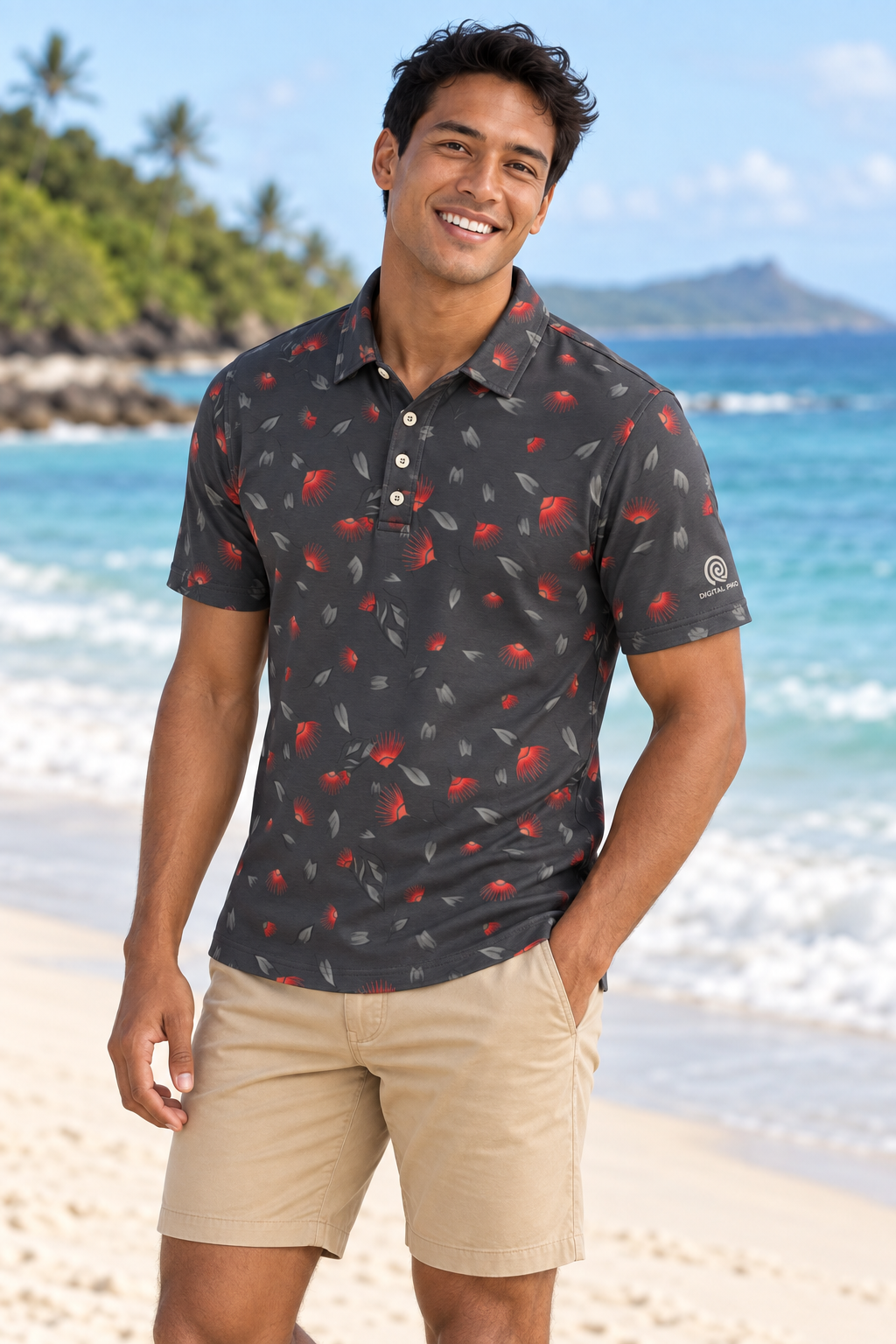 Digital Piko adult male model wearing the Big Island Ohia Lehua golf polo on a white sand beach