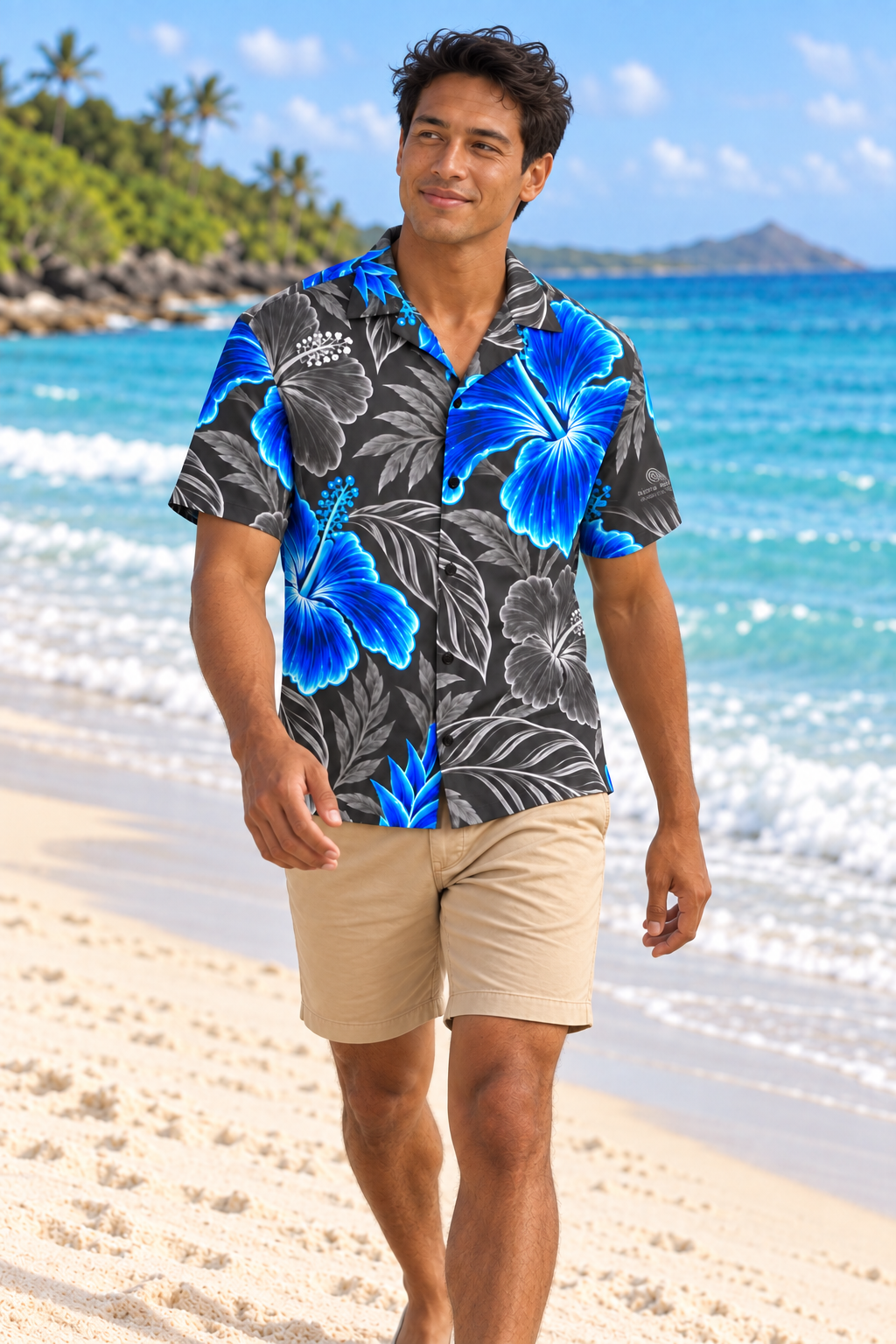 Young adult male model walking along a white-sand beach in the Graphite Bright Blue Aloha Shirt