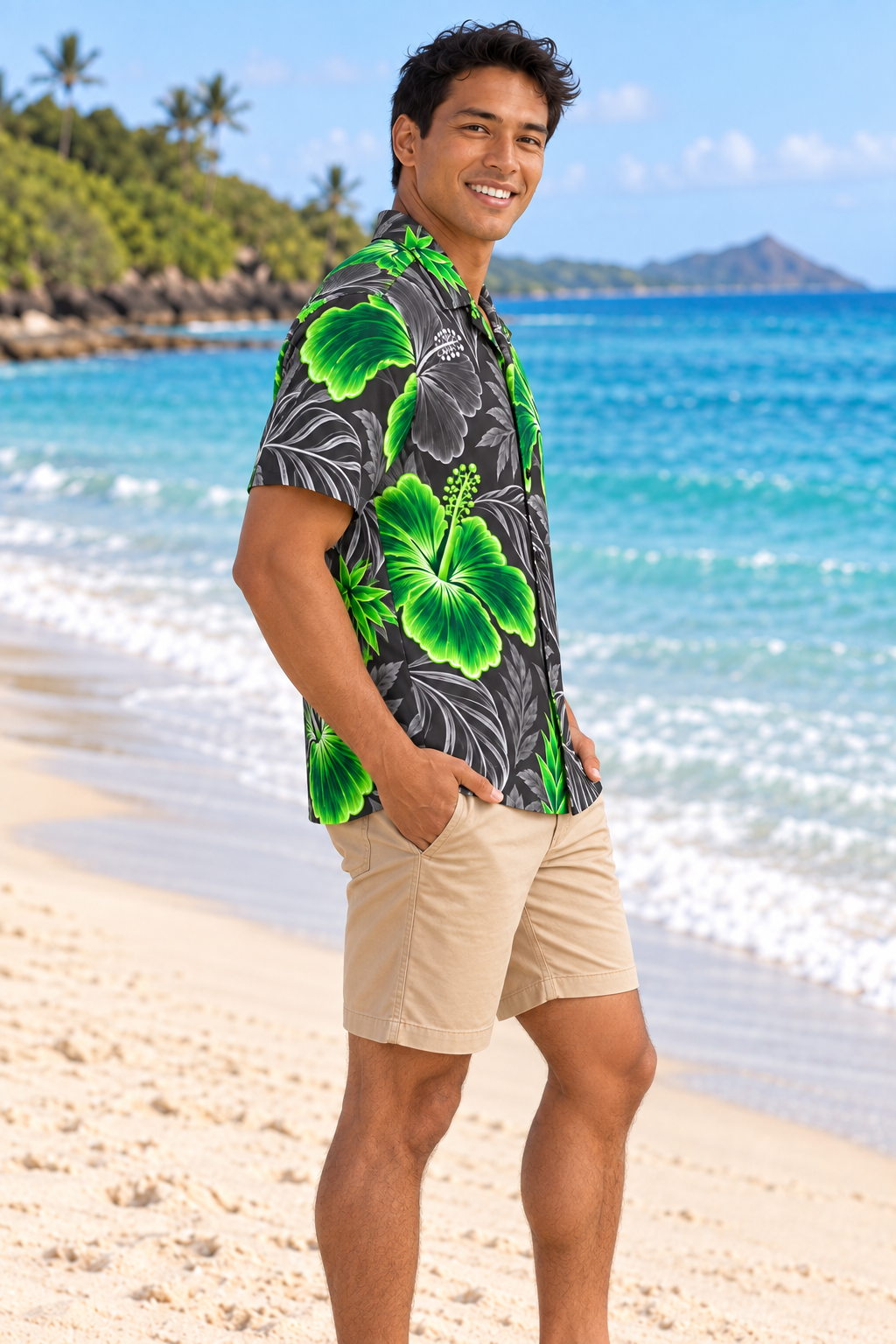 Young adult male model in a three-quarter beach pose wearing the Graphite Bright Green Aloha Shirt