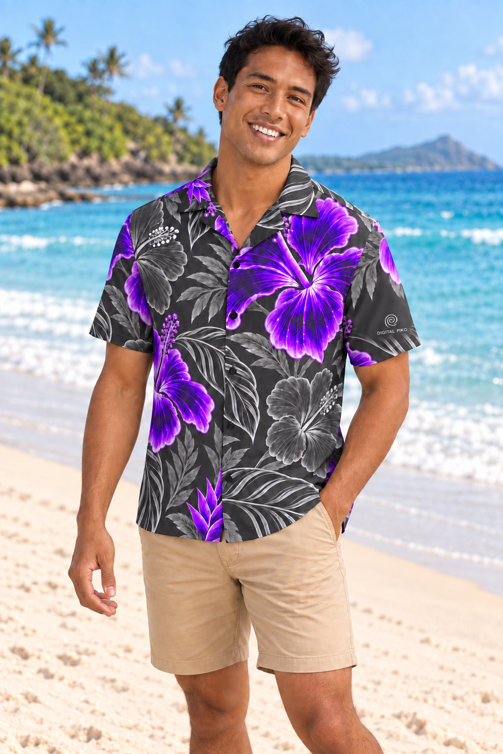 Young adult male model with one hand in his pocket wearing the Graphite Bright Purple Aloha Shirt on a white-sand beach