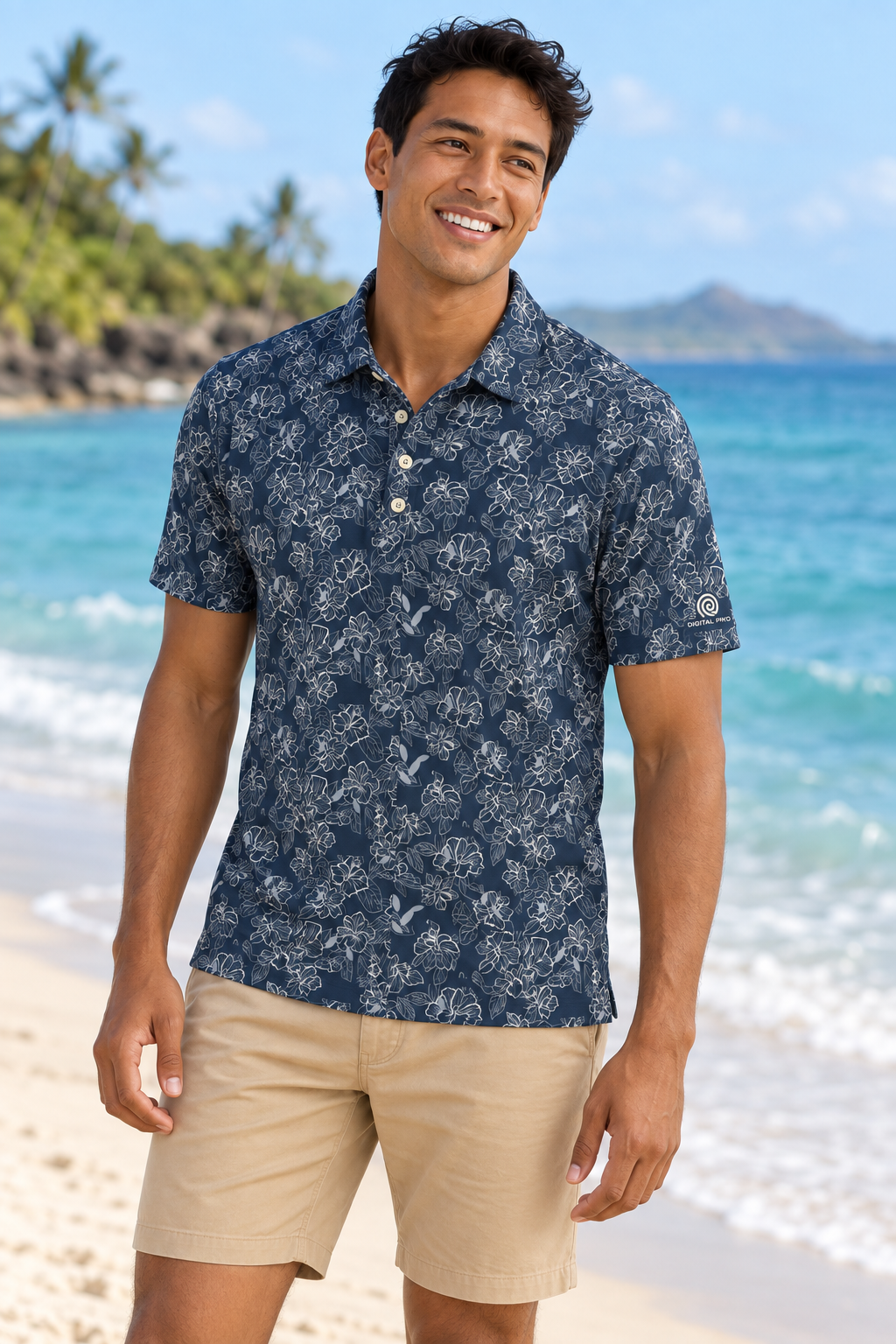 Digital Piko adult male model wearing the navy Hibiscus Aloalo golf polo with small left sleeve logo on a white sand beach