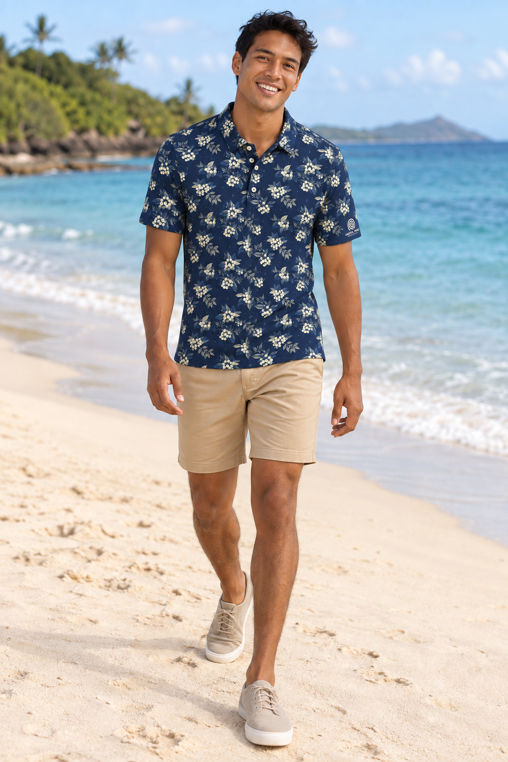 Digital Piko adult male model wearing the Kauai golf polo on a white sand beach