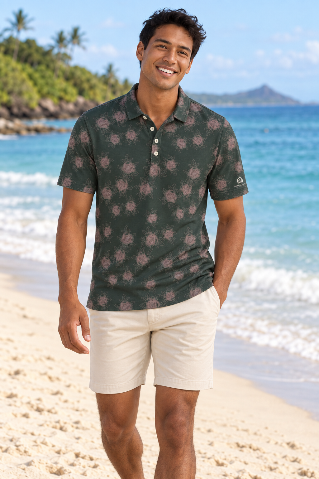 Digital Piko adult male model wearing the Maui golf polo on a white sand beach