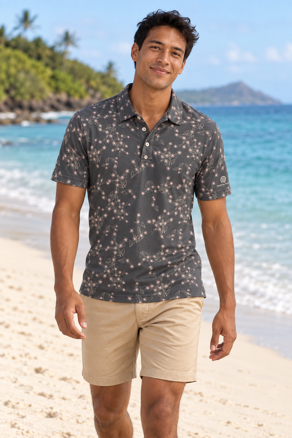 Digital Piko adult male model wearing the Molokai golf polo on a white sand beach