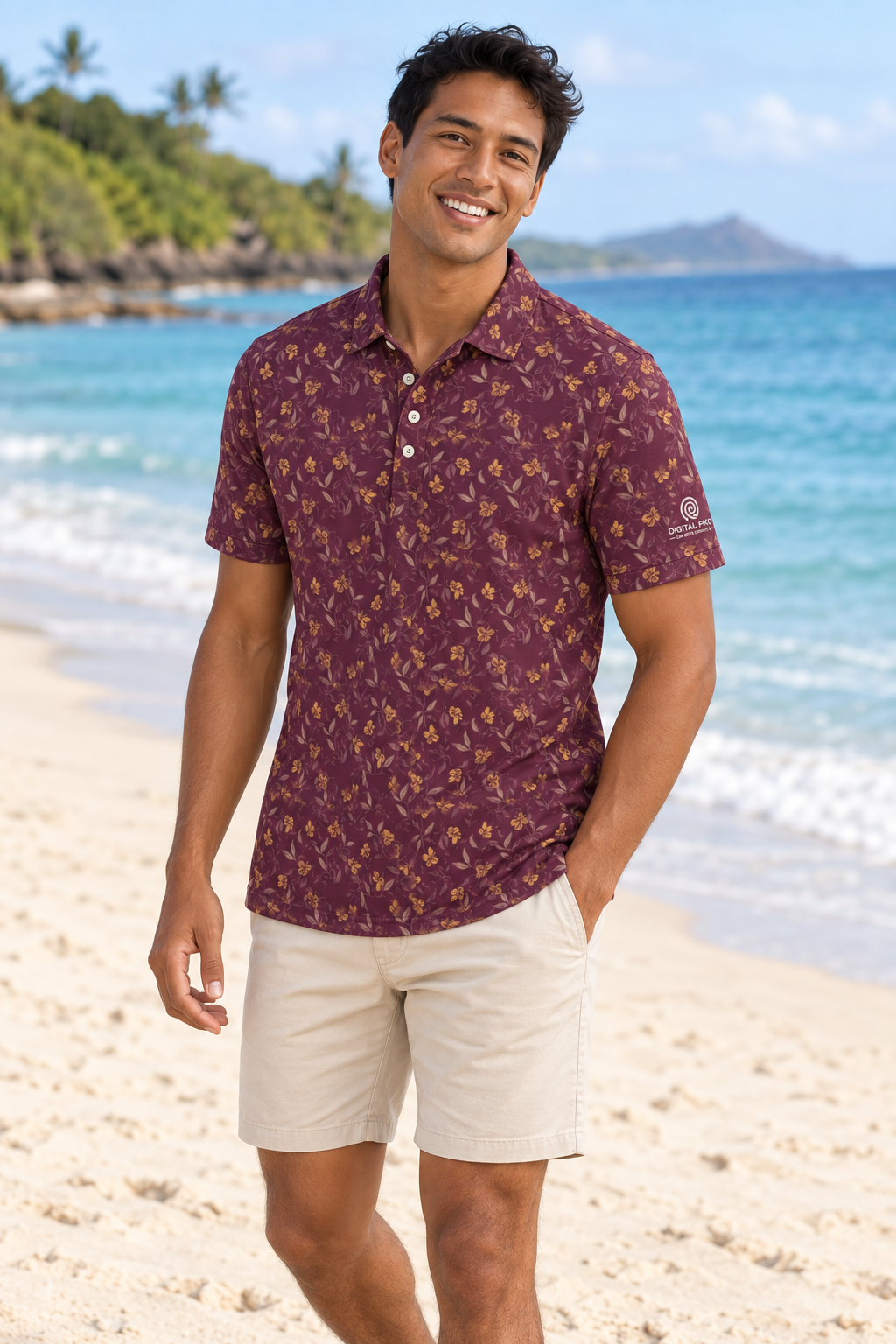 Digital Piko adult male model wearing the Oahu golf polo on a white sand beach