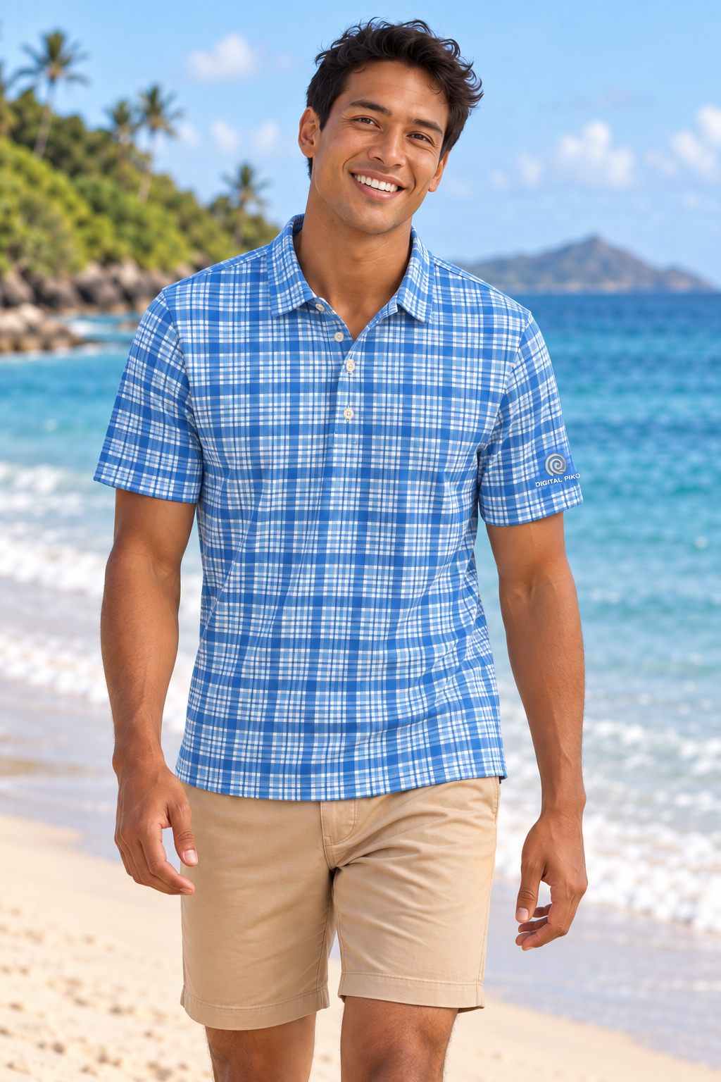Digital Piko adult male model wearing the Palaka Blue golf polo on a white sand beach
