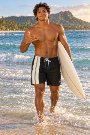 Digital Piko model holding a surfboard and giving a shaka, wearing the black Piko Stripe Board Shorts, walking out of the ocean on a Hawaiʻi beach.
