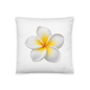 White plumeria on a white 18-inch pillow, with a small silver Digital Piko logo in the front bottom-right corner.