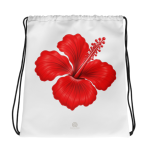 Printful mockup of a white Coral Hibiscus drawstring bag with large red flower and silver Digital Piko wordmark