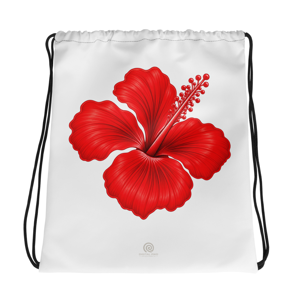 Printful mockup of a white Coral Hibiscus drawstring bag with large red flower and silver Digital Piko wordmark