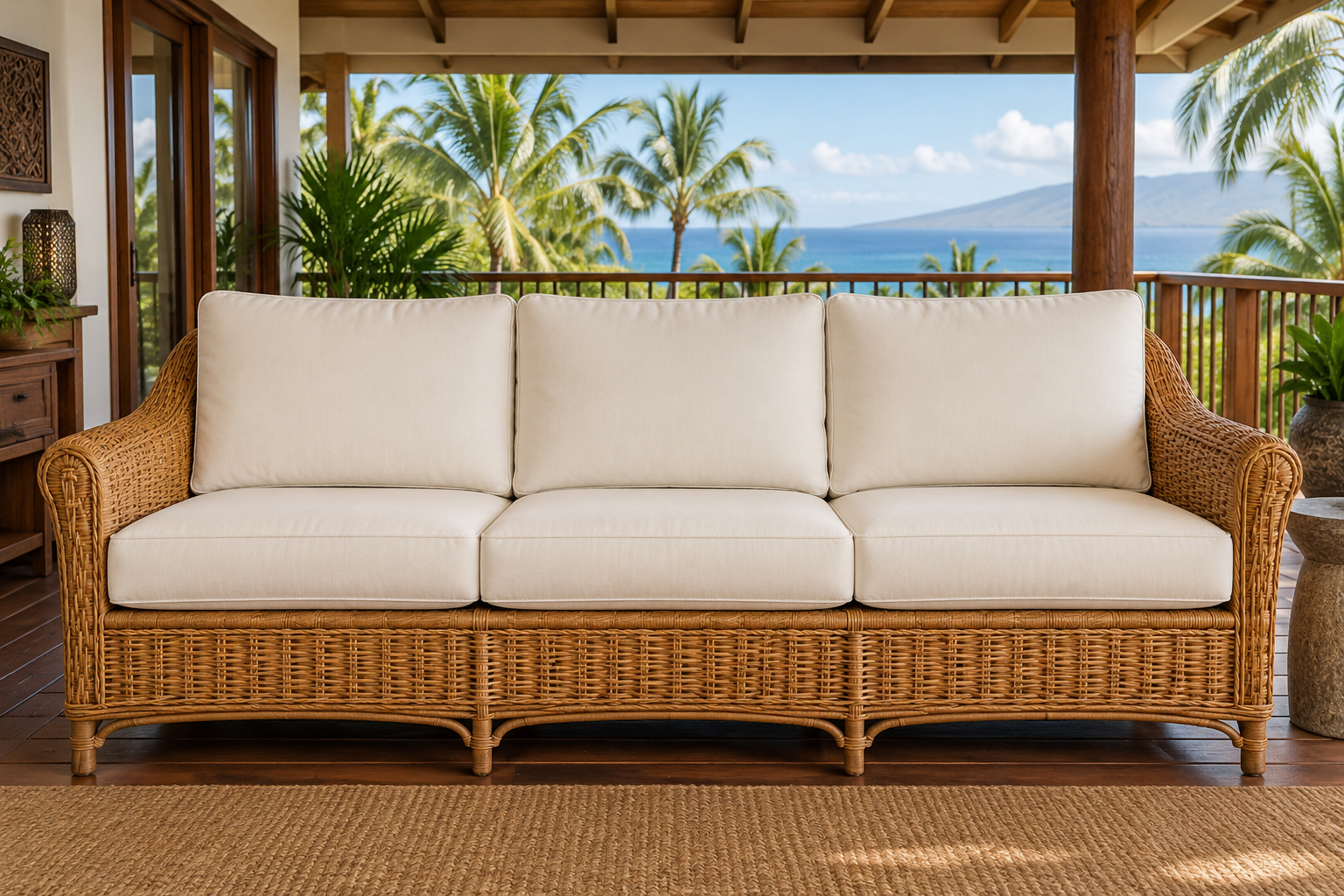 Floral pillows on a traditional Hawaiian lanai couch