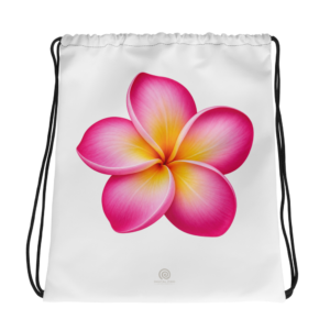Printful mockup of a white Pink Plumeria drawstring bag with large pink flower and silver Digital Piko wordmark