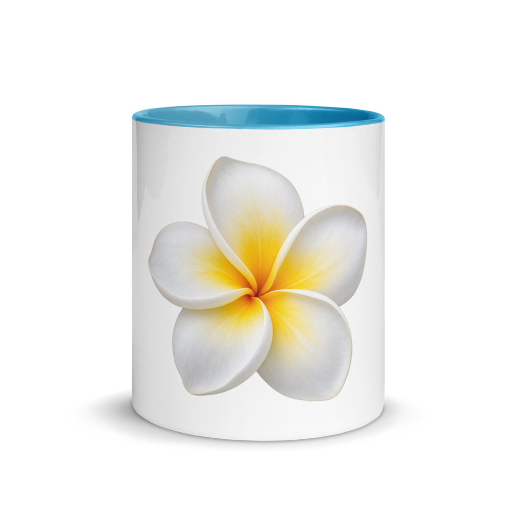 White plumeria flower facing forward on a mug with a blue interior; small Digital Piko logo near the handle.
