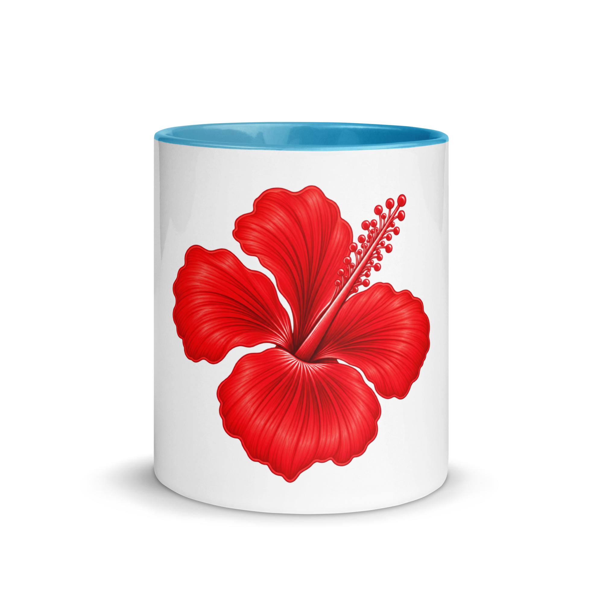 Full red hibiscus facing forward on a blue-interior ceramic mug, with a small Digital Piko logo near the handle.