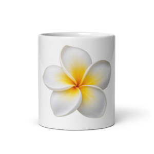 Full white plumeria on the front of a white ceramic mug. 11 oz shown; also available in 15 oz.