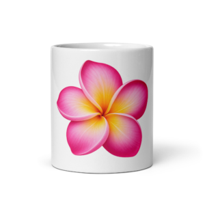 Pink plumeria facing forward on a white ceramic mug. 11 oz shown; also available in 15 oz.