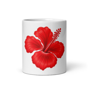 Full red hibiscus facing forward on a white ceramic mug. 11 oz shown; also available in 15 oz.