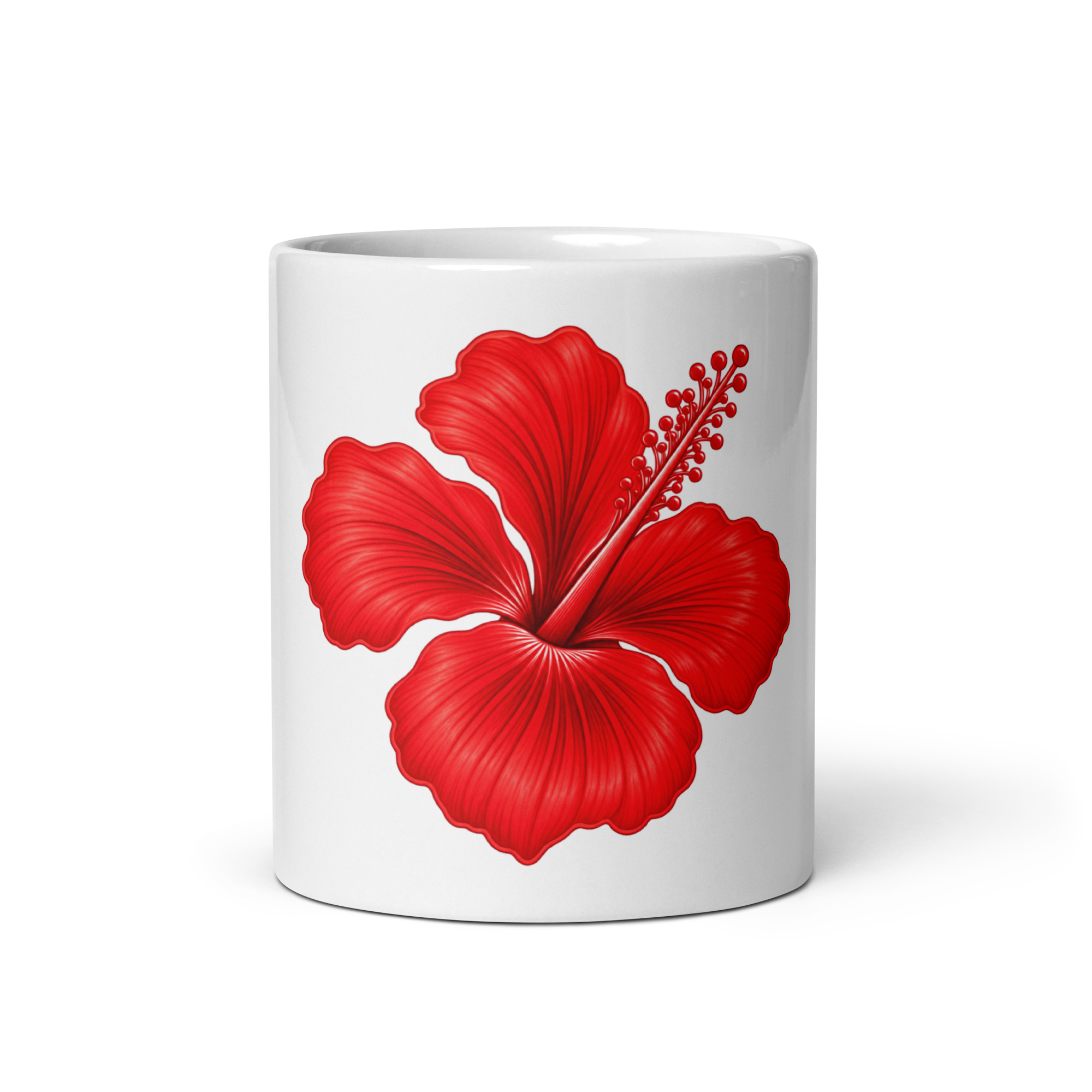Full red hibiscus facing forward on a white ceramic mug. 11 oz shown; also available in 15 oz.